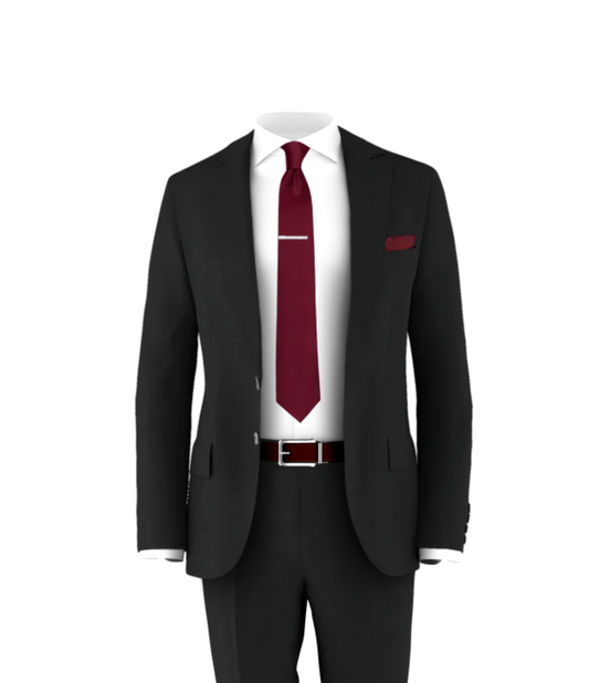 Black Suit Burgundy Tie
