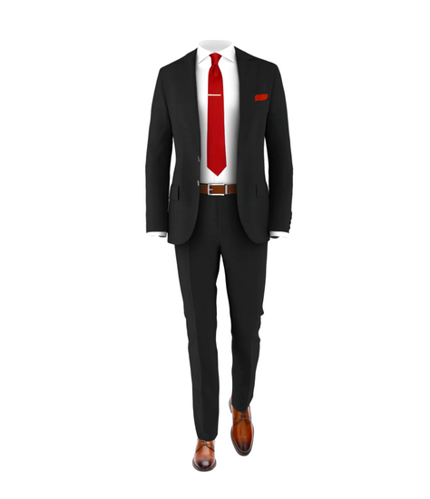black suit and red dress Black Suit & Fire Red Tie