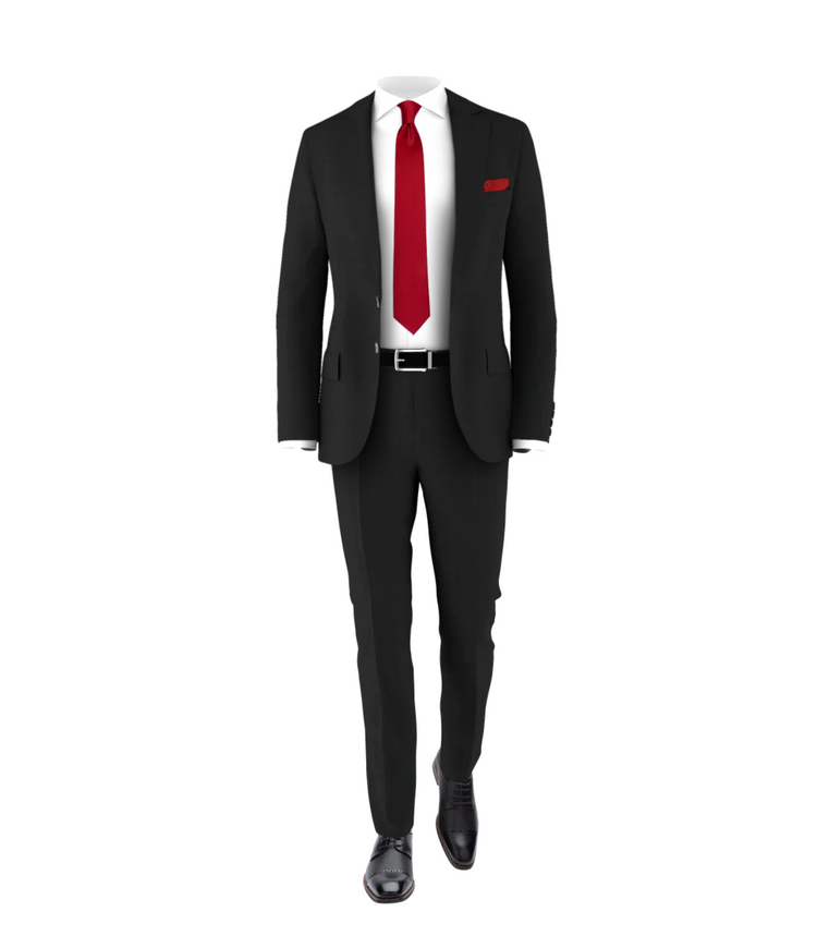 Black Suit & Medium Red Tie