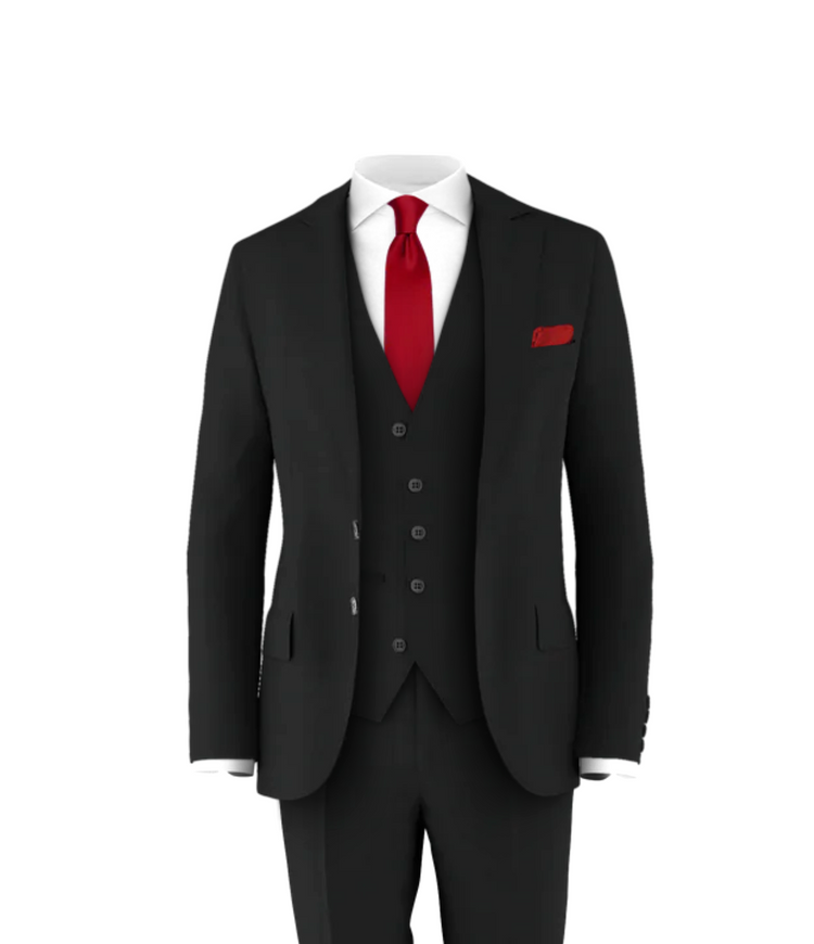 Black Suit & Medium Red Tie | Men's 3 Piece Wedding Suit Black Suit & Medium Red Tie | Men's 3 Piece Wedding Suit