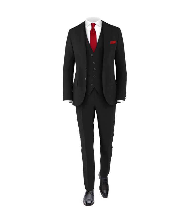 Black Suit & Medium Red Tie | Men's 3 Piece Wedding Suit Black Suit & Medium Red Tie | Men's 3 Piece Wedding Suit