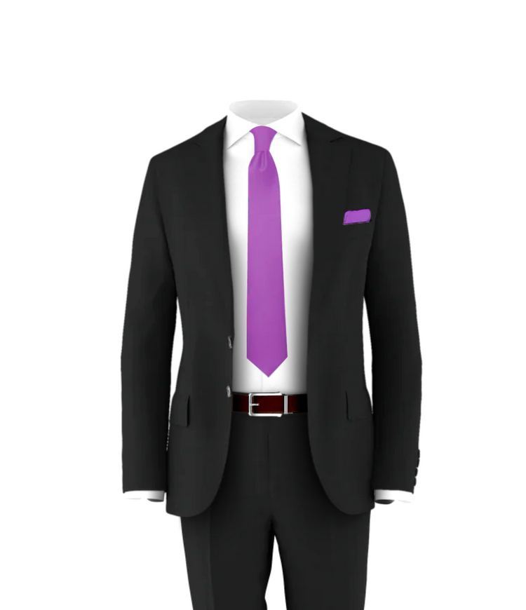 black dress shirt with purple tie Black with purple vest and tie