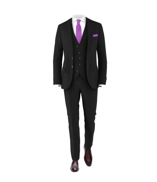 purple dress shirt black suit Handsome happy African American corporate business executive man smiling, wearing black suit with purple shirt, standing with authority with hand in p Stock Photo