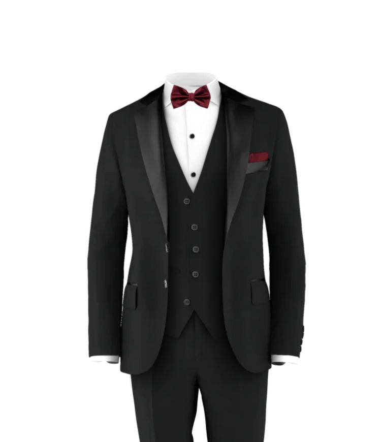 Black Tuxedo Suit Burgundy Tie