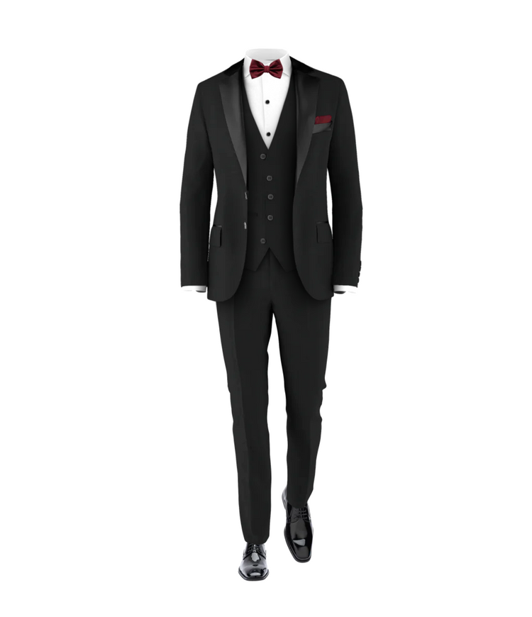 Black Tuxedo & Burgundy Tie | Men's Three Piece Wedding Suit Black Tuxedo & Burgundy Tie | Men's Three Piece Wedding Suit