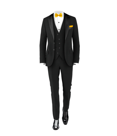 Black Tuxedo & Gold Tie | Men's Three Piece Wedding Suit Black Tuxedo & Gold Tie | Men's Three Piece Wedding Suit