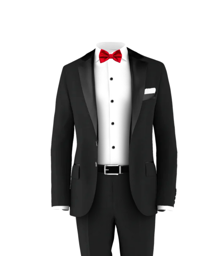 Black Tuxedo Suit Medium Red Tie