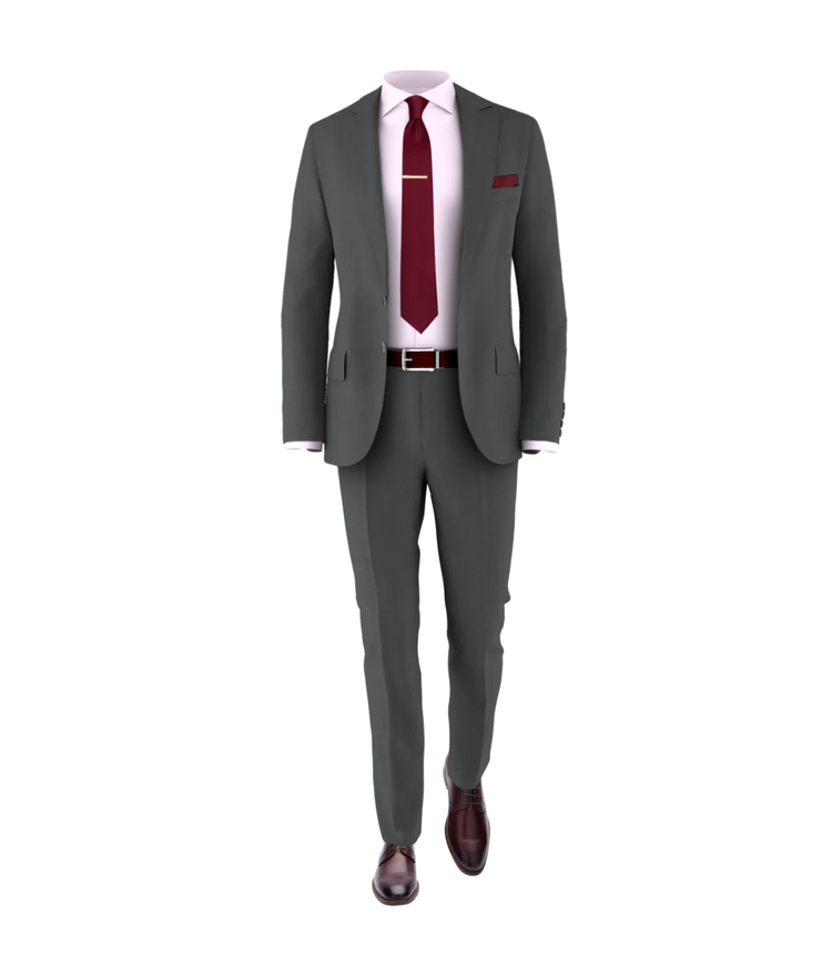 Charcoal Suit Burgundy Tie Grooms Club Wedding Suit Tuxedo