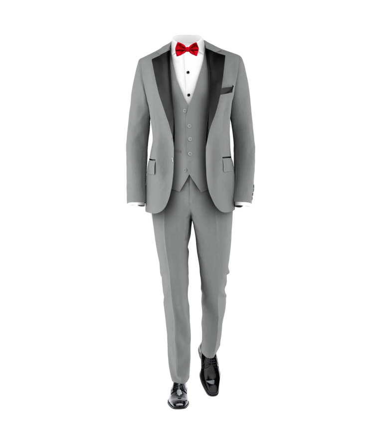 Light Grey Tuxedo Medium Red Tie Men's Piece Wedding Suit