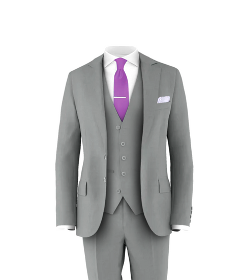 purple dress shirt grey suit The suit color of Spring + Summer? GREY! From light grey, to medium grey, to charcoal, majority of our booked weddings have chosen grey. It's a great neutral for any color palette!