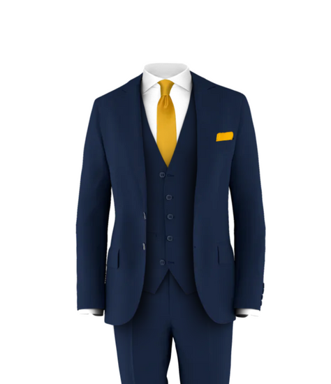 Navy Suit Gold Tie Grooms Club Three Piece Wedding Suit