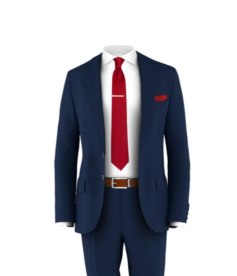 Navy Suit & Medium Red Tie | Grooms Club 3 Piece Wedding Suit & Tux Navy Suit & Medium Red Tie | Grooms Club 3 Piece Wedding Suit & Tux