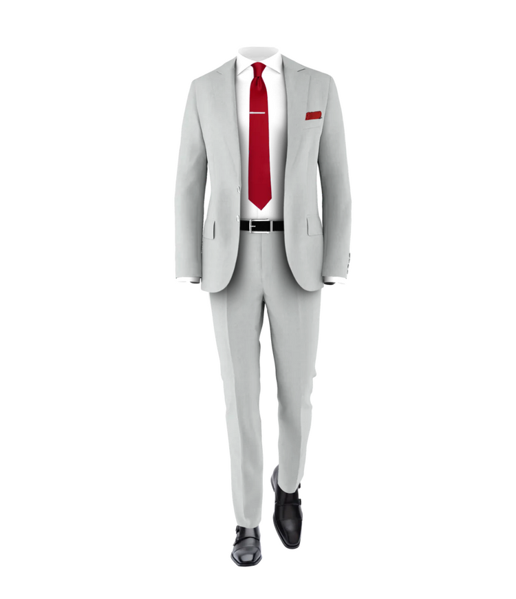 Silver Suit Medium Red Tie