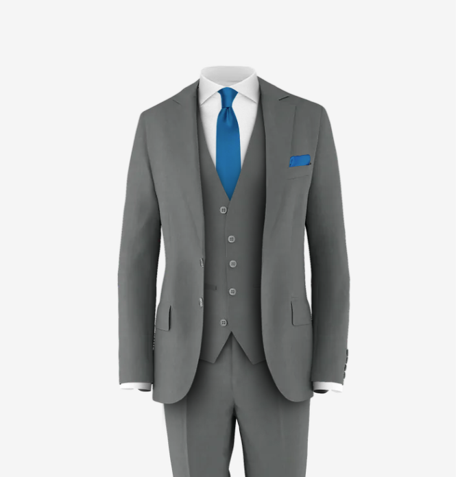 grey suit white shirt blue tie