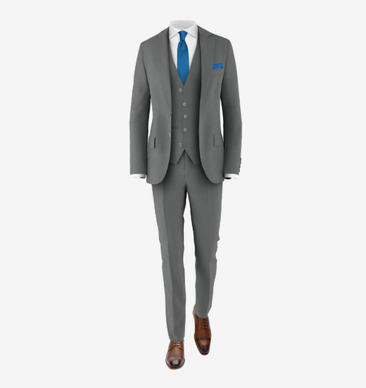 grey suit white shirt blue tie