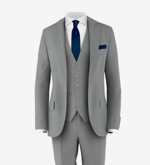 light grey suit navy tie