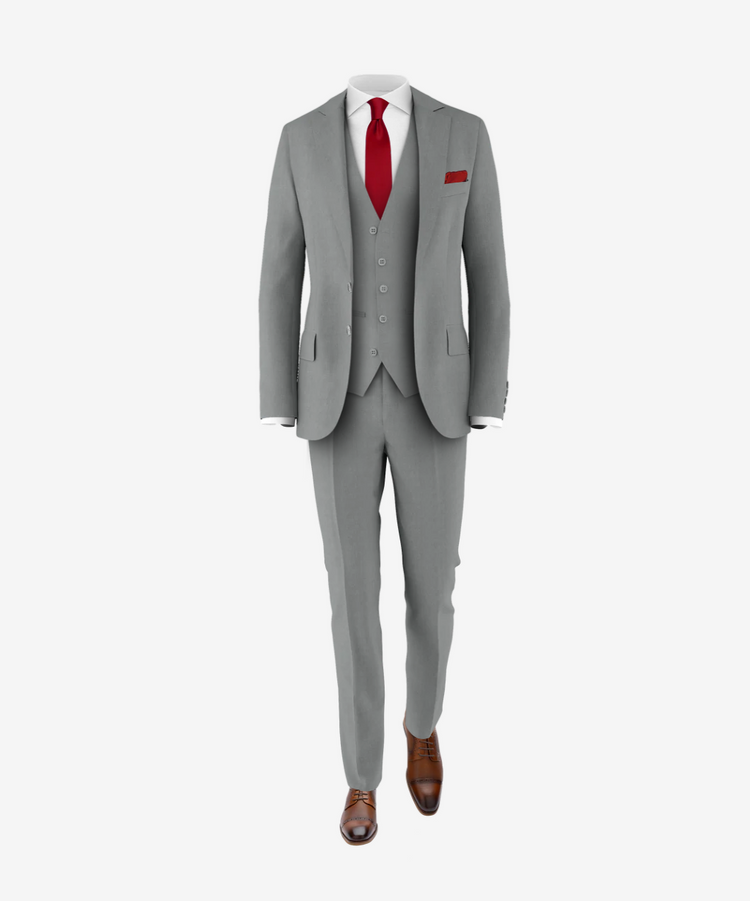 grey suit red tie