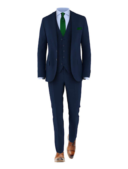 navy suit green tie